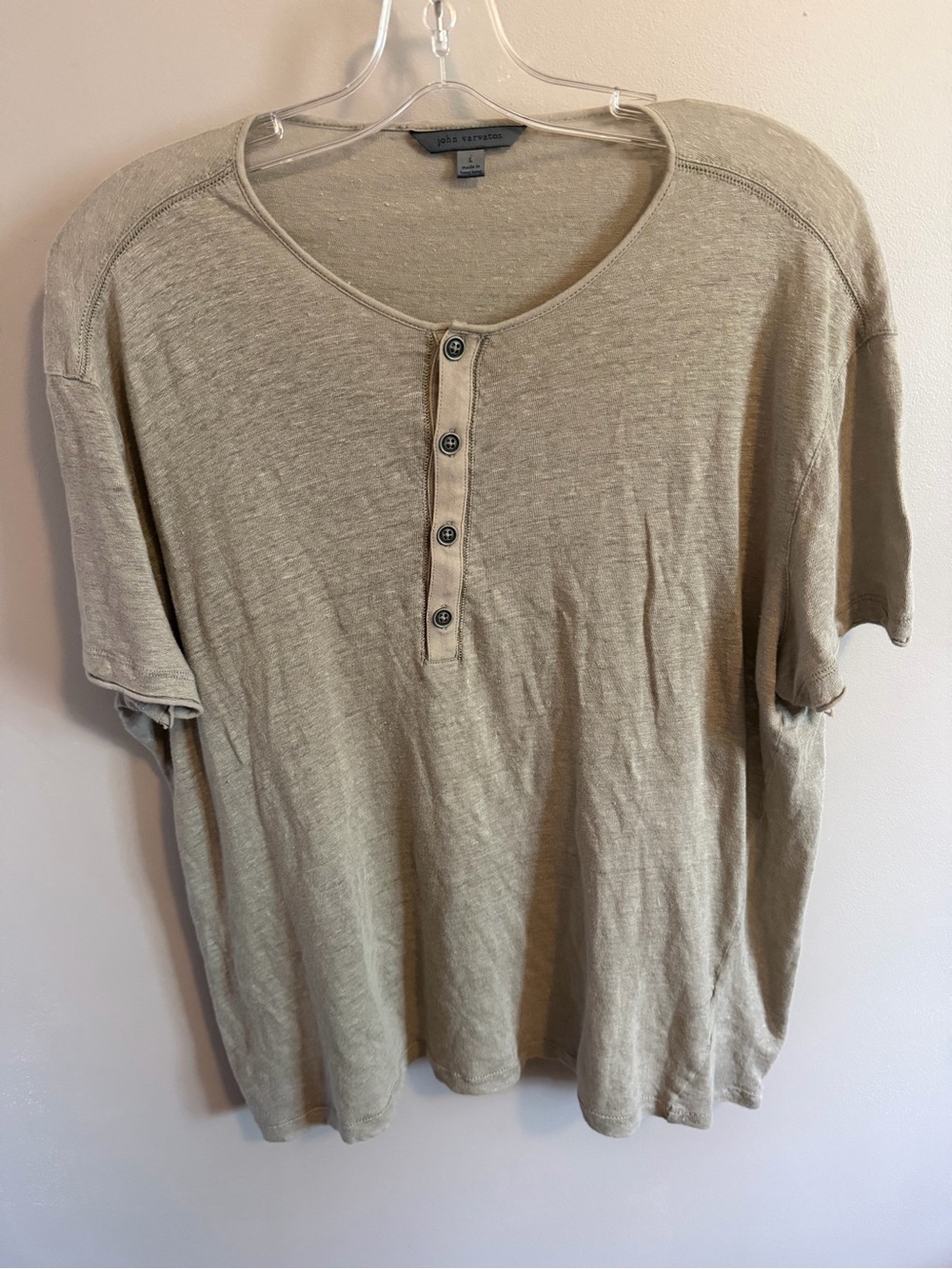 John Varvatos Linen Henley Short Sleeve Slub Knit Shirt Beige Sand Large